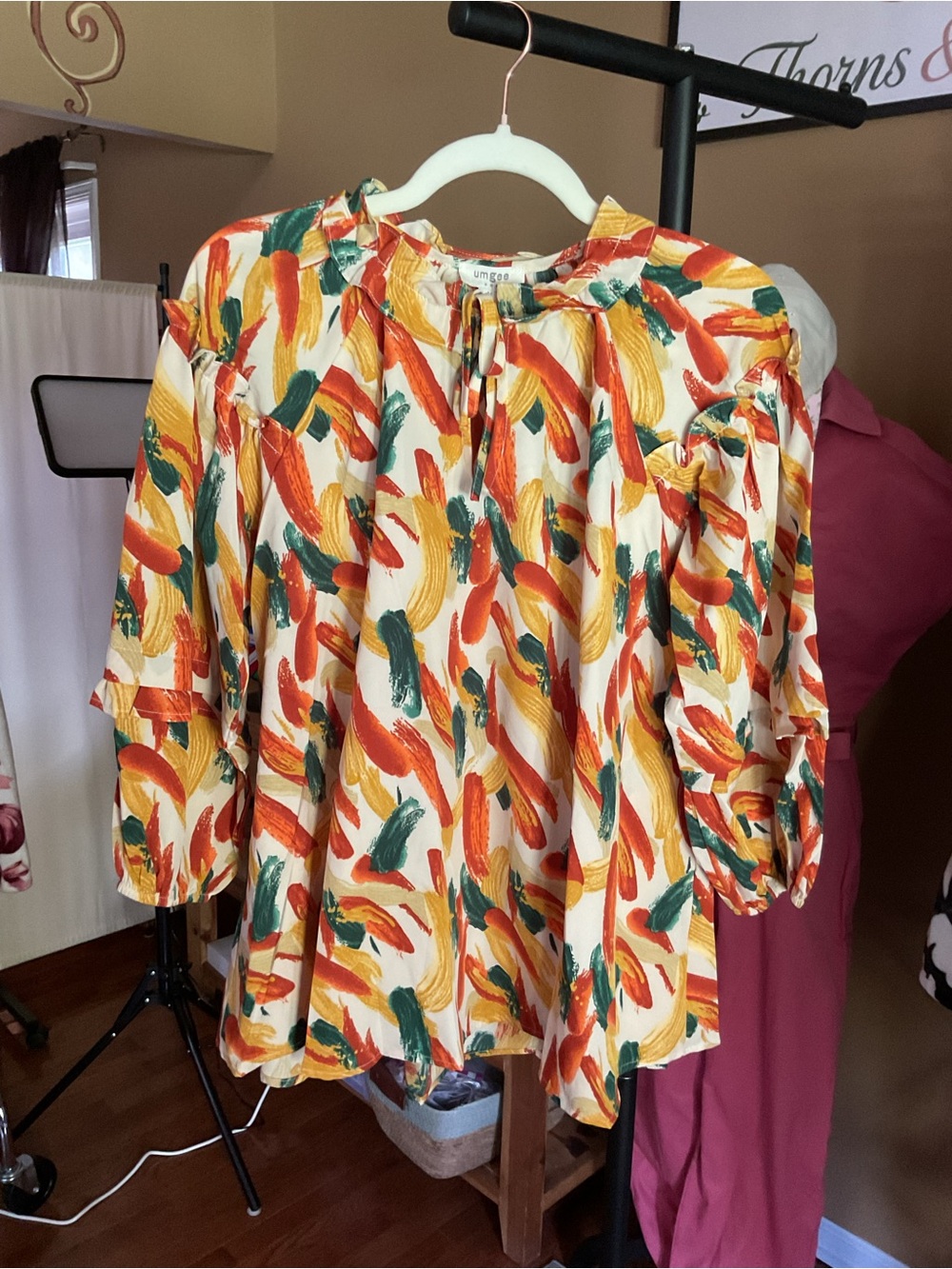 Umgee Multicolor Brushstroke Peasant Tunic - Yellow, Orange, Green, Cream